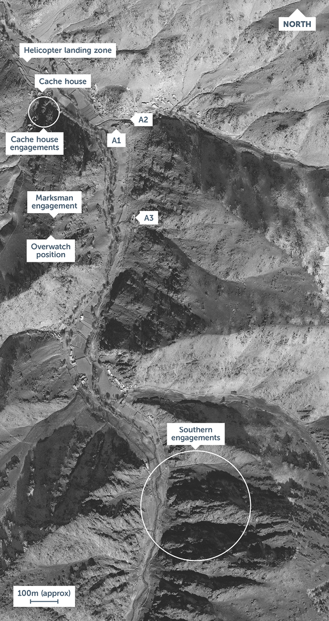 Figure 4 is a satellite image, dated 25 April 2010, of the Tirgiran Valley in the Tala wa Barfak District of Baghlan Province, Afghanistan where Operation Burnham took place.
The helicopter landing zone is in the top north west corner. Slightly below that, the cache house and the engagements that took place around that house are identified. The cache house is in the area identified as Khak Khudad Day in Figure 3. Slightly south from this and up on a ridgeline is the site where the engagement by the NZSAS marksman took place. A short distance further south is the overwatch location where the marksman was positioned.
On the north east side of the valley, in the area identified as Naik in Figure 3, is where the target buildings are located. In the north are buildings A1 and A2, which were associated with the insurgent Abdullah Kalta. To the south is A3, a building associated with the insurgent Maulawi Neimatullah.
At the bottom south east corner of the image, the two southern engagements are identified. Satellite image of the key locations in Tirgiran Valley